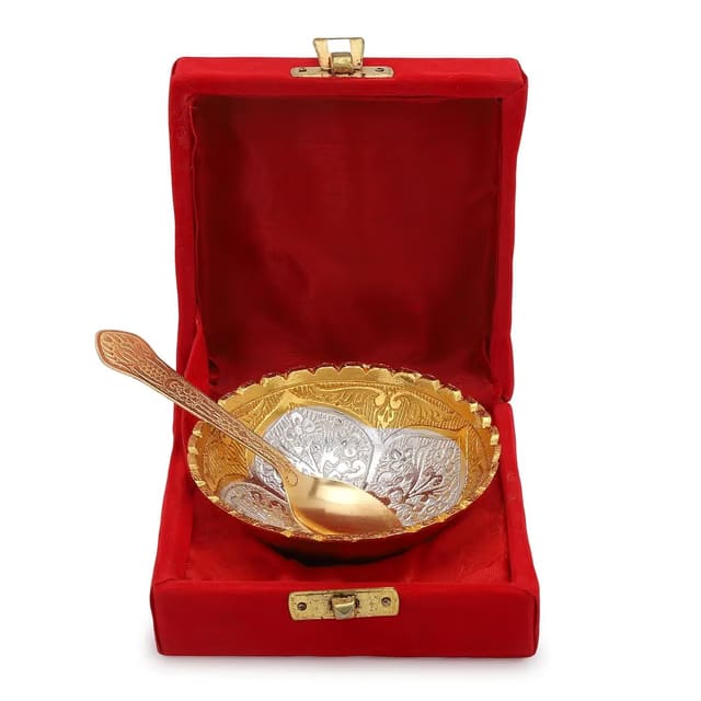 German Silver Gold Plated Bowl Spoon Set with Velvet Gift Box for Wedding House Warming Ceremony Pooja Return Gift Baby