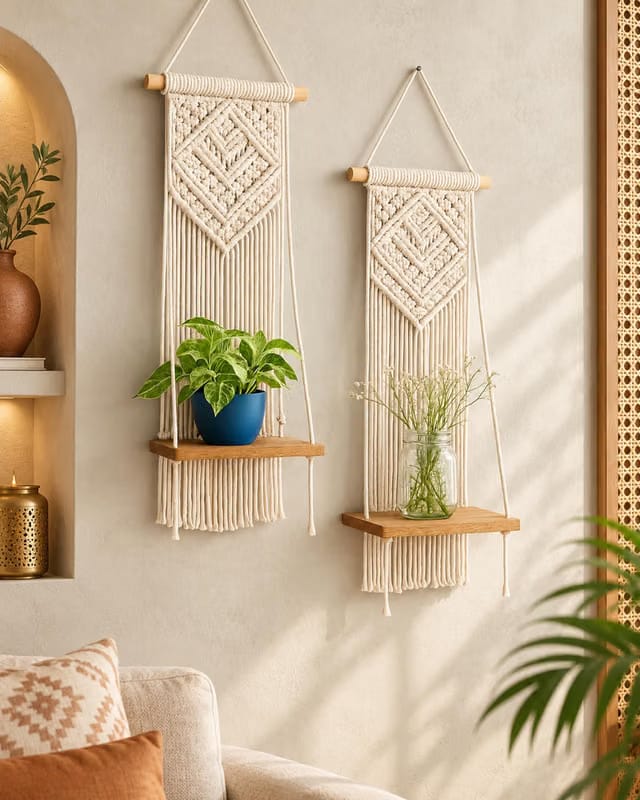 ® Macrame Wall Hanging Shelf Woven Home Decor Wood Floating Storage Shelf Bohemian Handmade Cotton Rope,Living Room