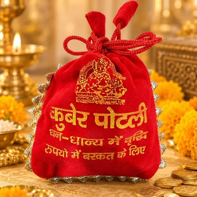 Kuber Potli Bag for Diwali Pooja and Festive Gifting, Red Velvet Money Pouch with Golden Print