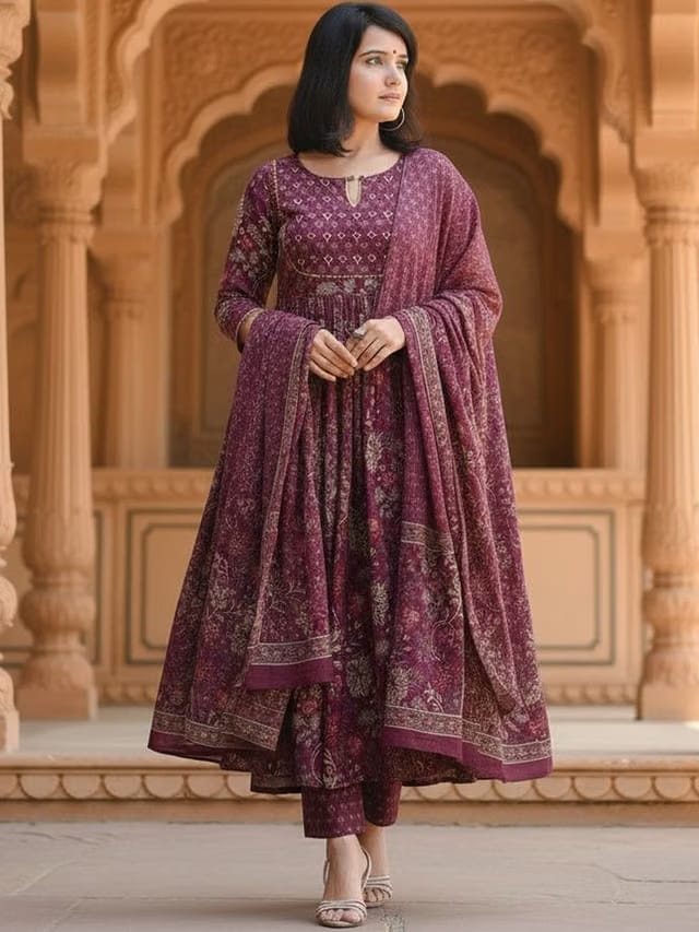 Ethnic Motifs Printed Empire Anarkali Kurta With Trousers & Dupatta