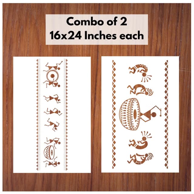 Combo of 2 Warli Tribal Art & Drum Warli Art Stencils for Wall Painting DIY Reusable Wall Stencil Design for Wall