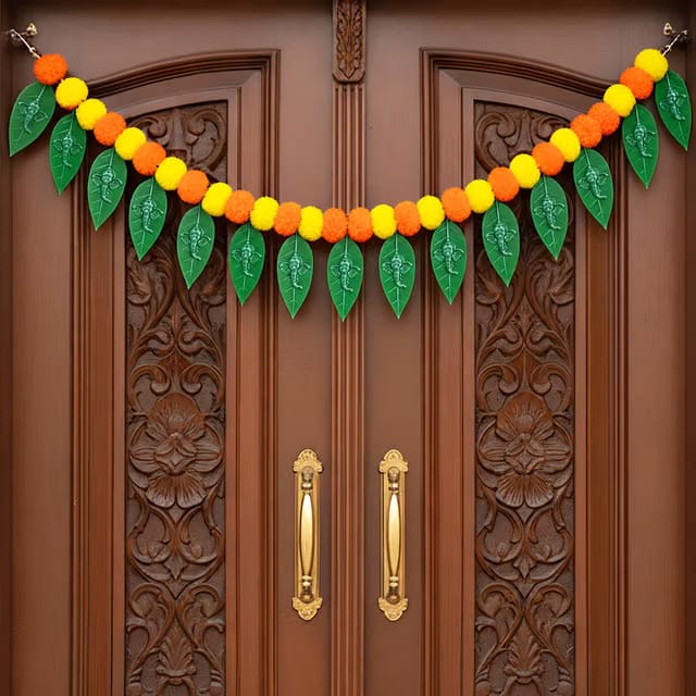 Mango Leaves Marigold Toran for Main Door Entrance- 1Pc 3ft Ganpati Design on Mango Leaf Toran for Pooja Mandir