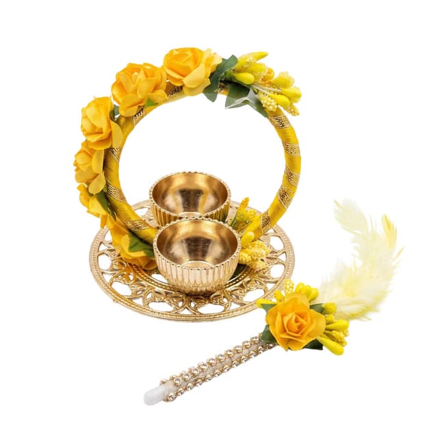 Decorative Floral Haldi Kumkum Holder with Tilak Stick for Pooja Thali, Bhai Dooj, Wedding & Diwali Return Gift