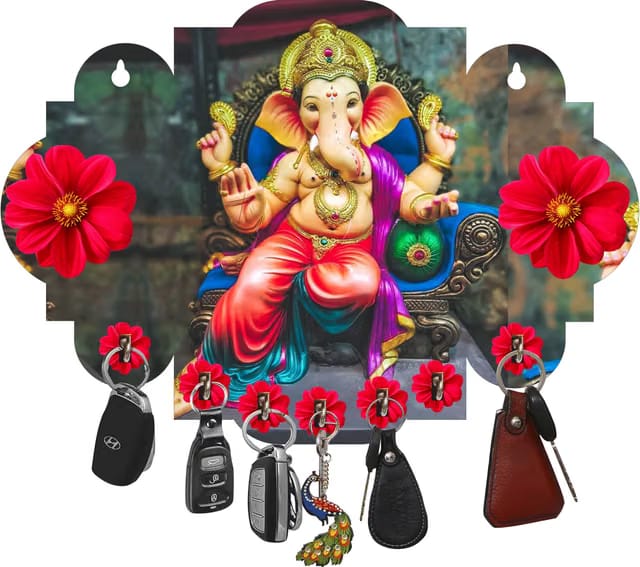Ganesha Beautiful Home Wooden Key Holder Wood Key Holder (7 Hooks, Multicolor)_pilet Ganesh bro