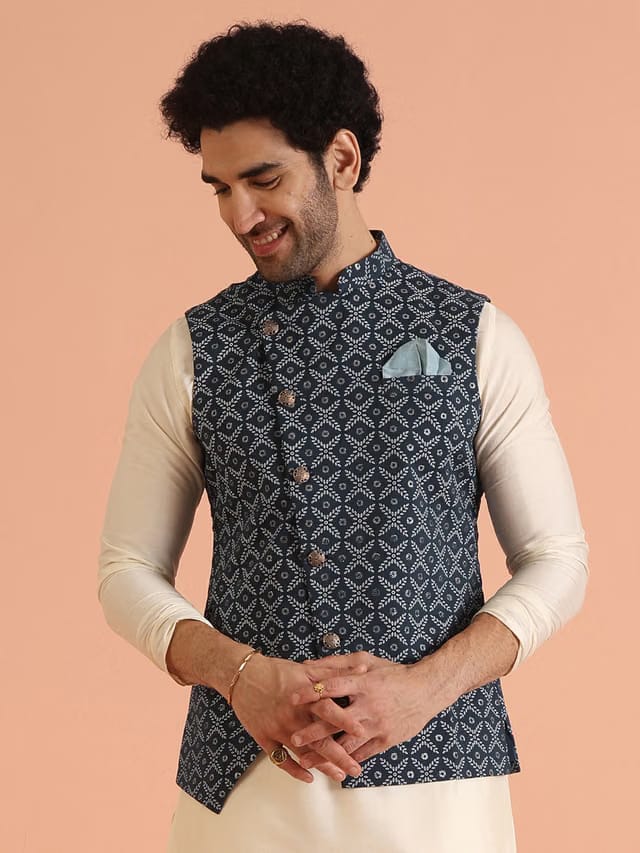 Men Asymmetrical, Printed Zari Regular Fit Nehru Jacket