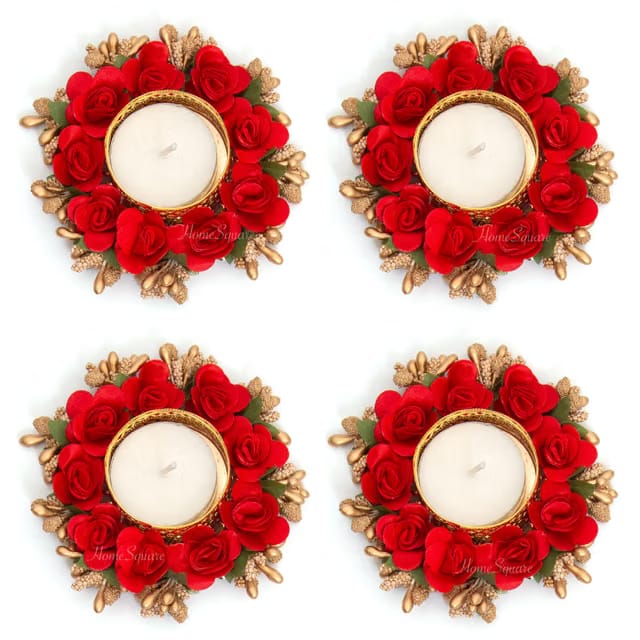 HomeSquare Tealight Holder Diwali Diya with Artificial Flowers and Tea Lights - Set of 4 Tealight Candle Holders