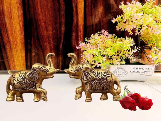 Metal Elephant Pair Statue-Decorative Brass Elephant Action Showpieces(7.5X2.5X5.5 Cm) for Elegant Home Decor