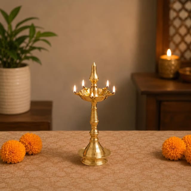 Kerala Pure Brass Samai Fancy Stand Diya, Gold, Handcrafted, 25 cm Height, Multi-Wick, Pooja Room Decor