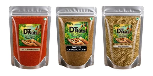 DT Nuts Coriander Powder, Roasted Cumin Powder and Whole Red Chilli, 250g Each