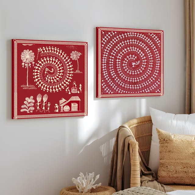 PAINTINGMANTRA Warli Tribe Village Life Wall Painting, Traditional Indian Maharashtra Warli Tribal Folk Wall Painting