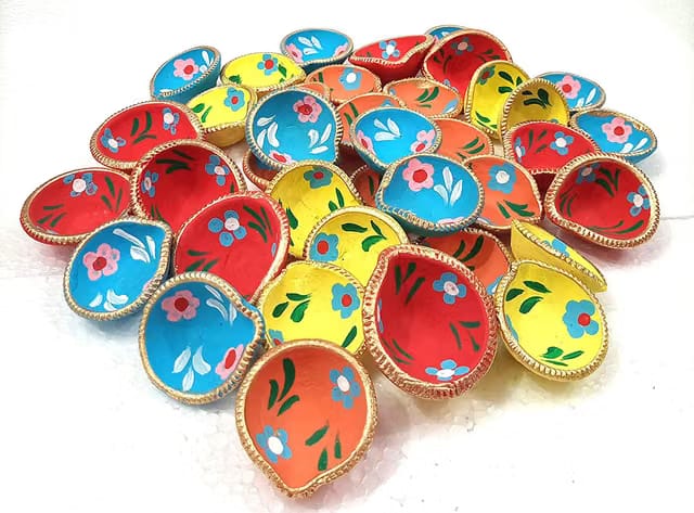Colorful Diwali Diya - Traditional Handmade Terracotta Clay for Puja - Designer Diye - Mitti Ke Deepak for Decoration