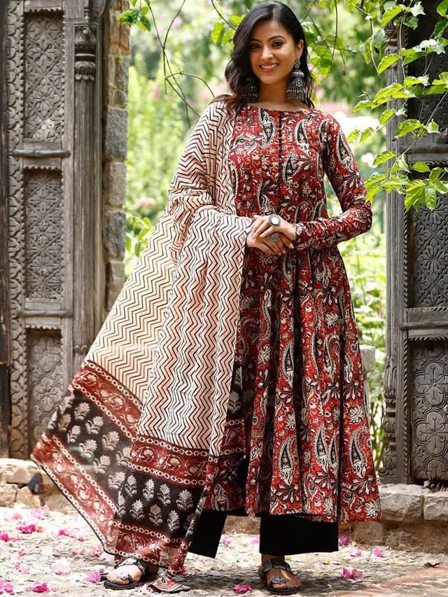 Floral Printed Round Neck Anarkali Kurta With Trousers & Dupatta