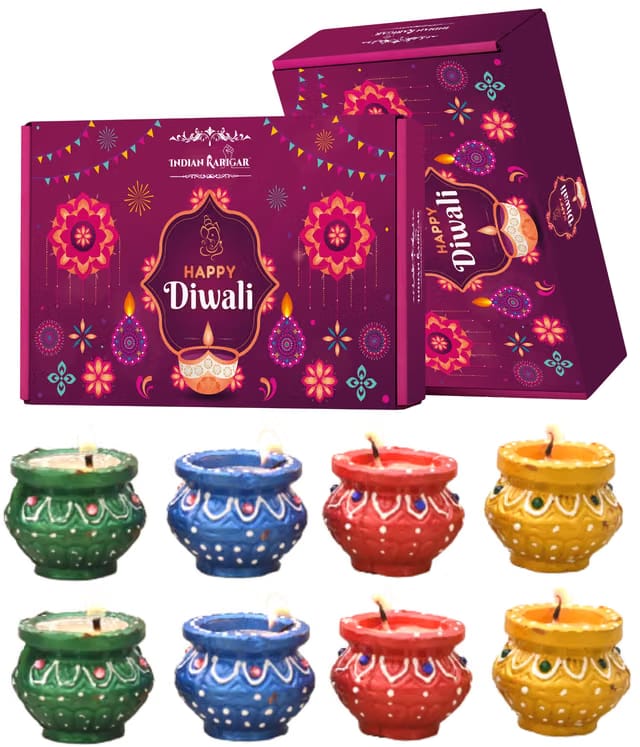 Indian Karigar Matki Diya For Diwali Decoration Items For Home Decor Navratri Diwali Gift Items Wax Diya Set Of 8