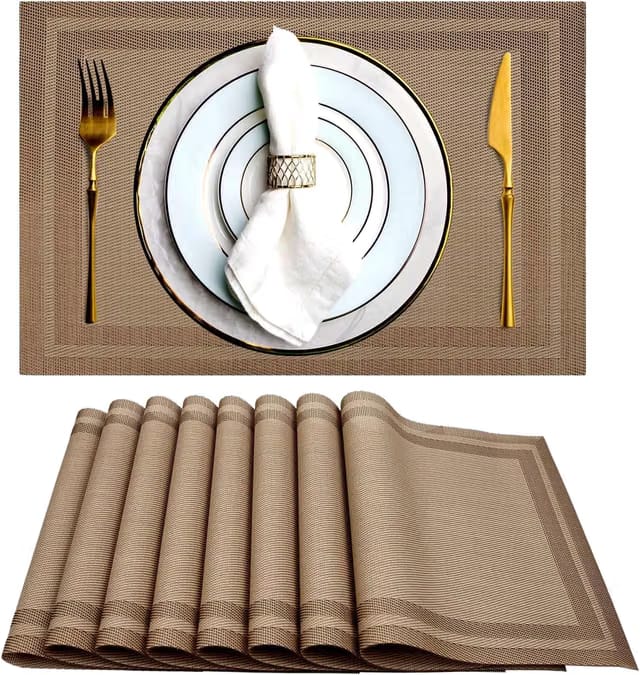Dining Table Mats 6 Pieces, Washable/Heat and Stain Resistant, Indoor/Outdoor Placemats, PVC Table Placemats, Brown /