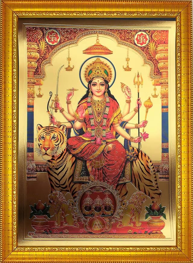 Wood Durga Maa Goddess Religious Painting Photo Frame Sherawali Mata Photo (35 * 25) cm