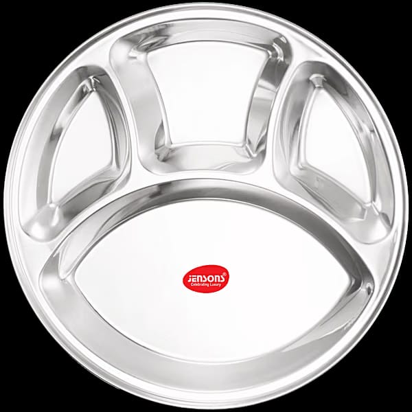 Stainless Steel Round 4 Compartment Lunch & Dinner Plate - Silver, 1 pc