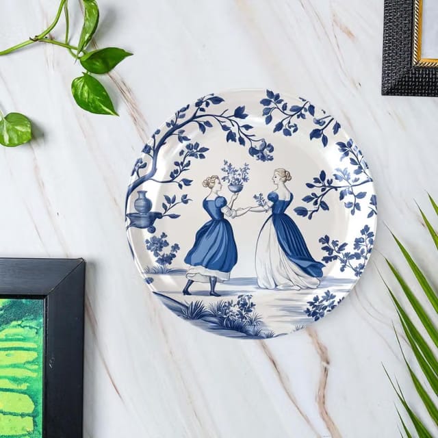 Blue and White Pastoral Ladies Ceramic Decorative Wall Plate|Vintage Style Scenic Home Décor Item|Perfect Wall