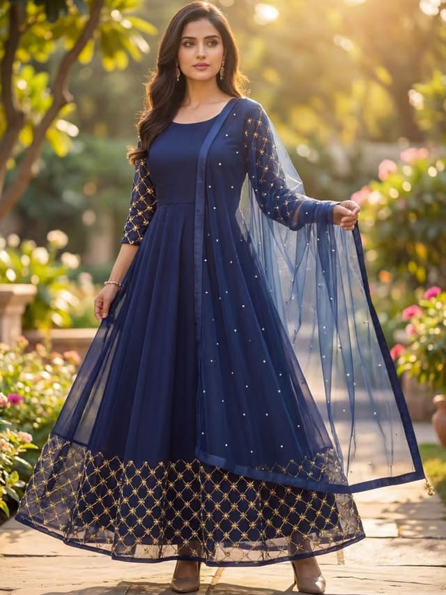 Women Embroidered Gown Dupatta Set