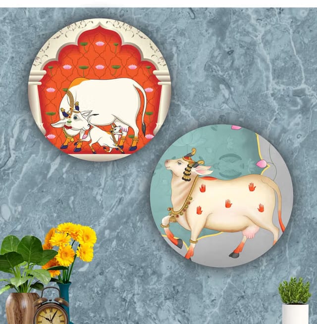 Paintings Round Shape Pichwai Cow Art MDF Wall Painting for Living Room Modern Wall Decoration Artworks for Home