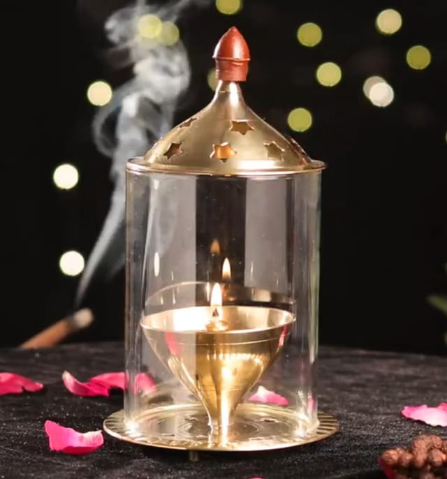 ServDharm Brass Akhand Diya with Borosilicate Glass
