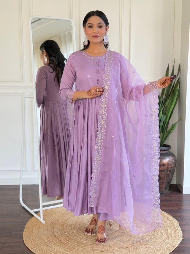 Floral Embroidered Pleated Anarkali Kurta With Trousers & Dupatta