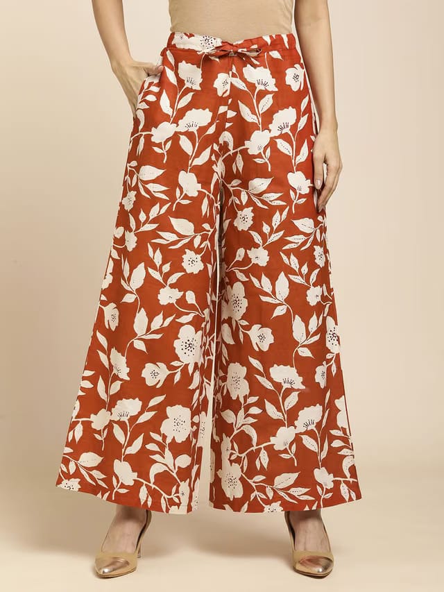 Women Cotton Printed Loose Fit Flared Wide Leg Palazzo Pants