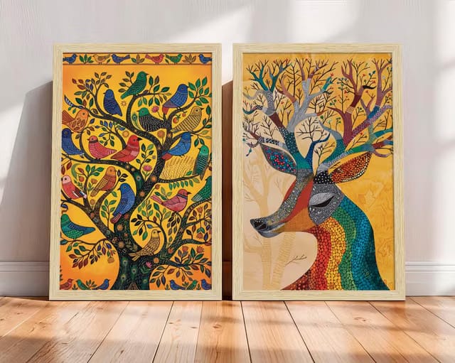 Tree & Deer Gond Art Paintings for Living Room