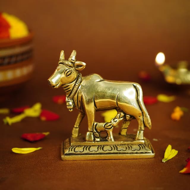100% Pure Brass Kamdhenu Cow with Calf Vastu Idol