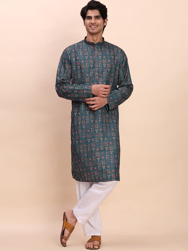 Men Floral Woven Design Cotton Kurta with Pyjamas