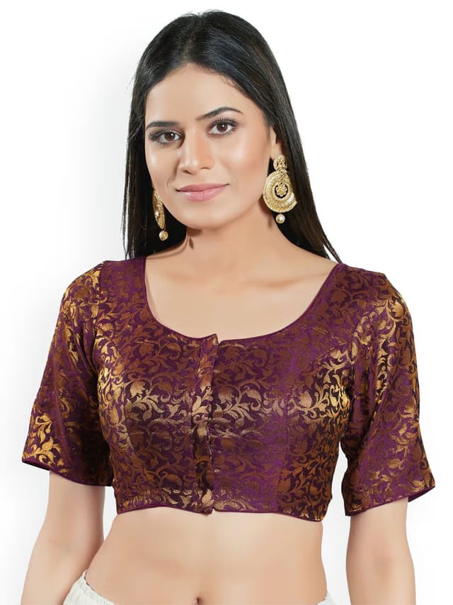 Woven Design Brocade Round Neck Padded Readymade Saree Blouse
