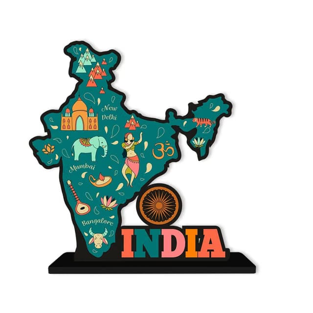 Artvibes Wooden Idols and Fantasy Figurine India Map Designer Table Decor for Office Desk|Home Decoration|Living