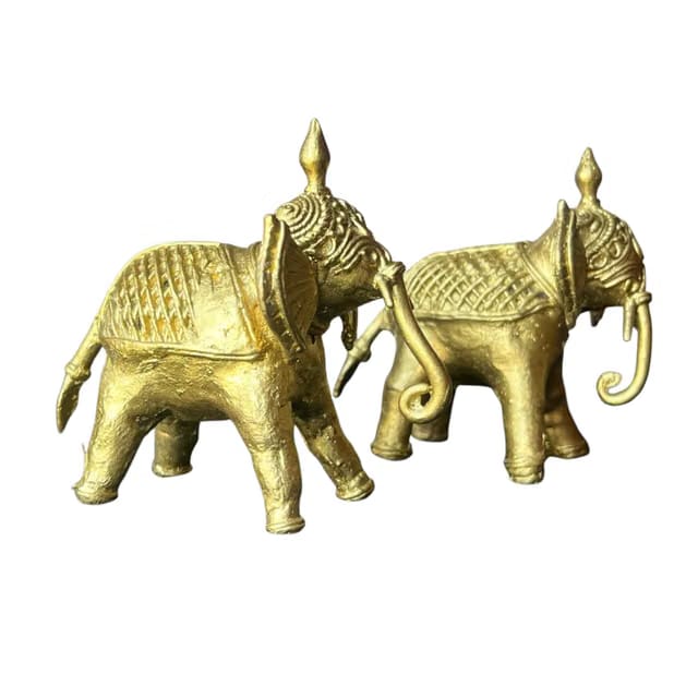 2 Pc Set of 4 inch Handcrafted Brass Elephant Statue Home Decorative Items Dhokra Art Figurine Living Room Table Décor