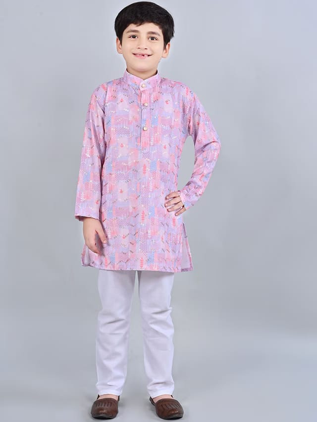 Boys Floral Printed Straight Sequinned Kurta with Pyjamas Rayon Set