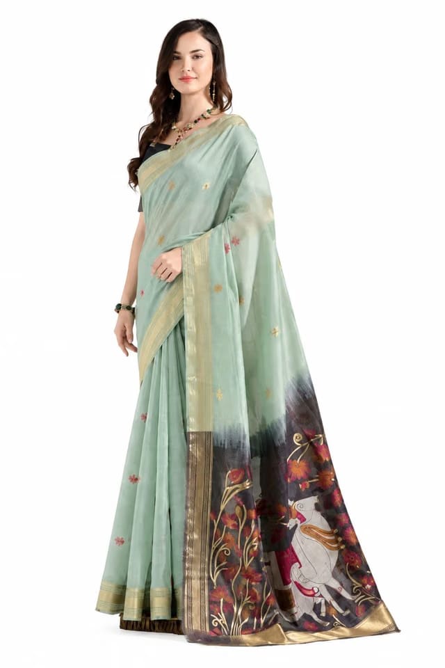 Premium Soft Muga Cotton Saree with Pichwai Resham Weaving & Zari Border