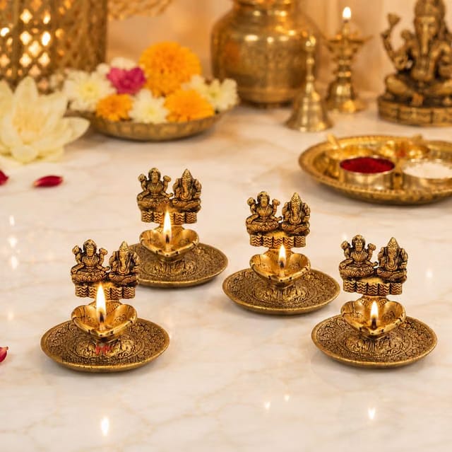 Handicrafts Paradise Handcrafted Metal Lakshmi Ganesh Diya Set of 4 Pcs, Decorative Oil Lamp with Bowl for Home Temple
