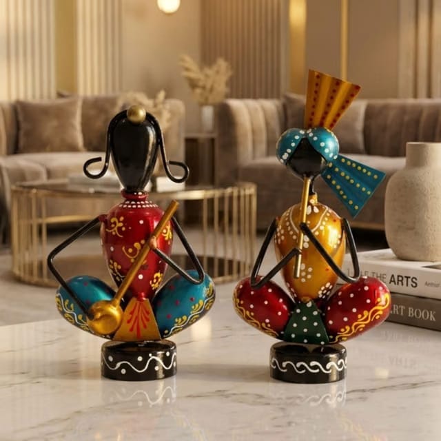 Hand-Painted, Handcrafted Metal Musician Figurines Set of 2, Multicolour, 14.5 cm and 16 cm Height,