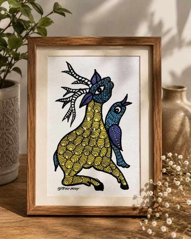 Original Hand-Painted Gond Art Deer & Bird Canvas Painting