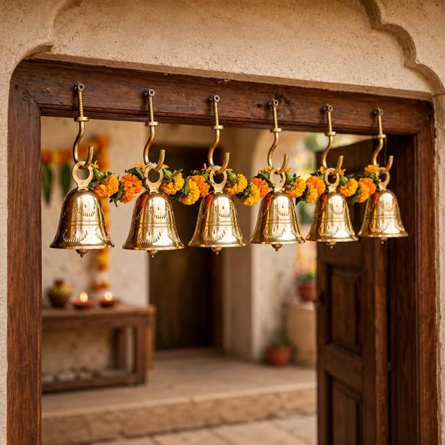 Solid Brass Hanging Pooja Bell with Engraved Design – 2.3" Traditional Indian Mandir Ghanti for Home Temple Decor