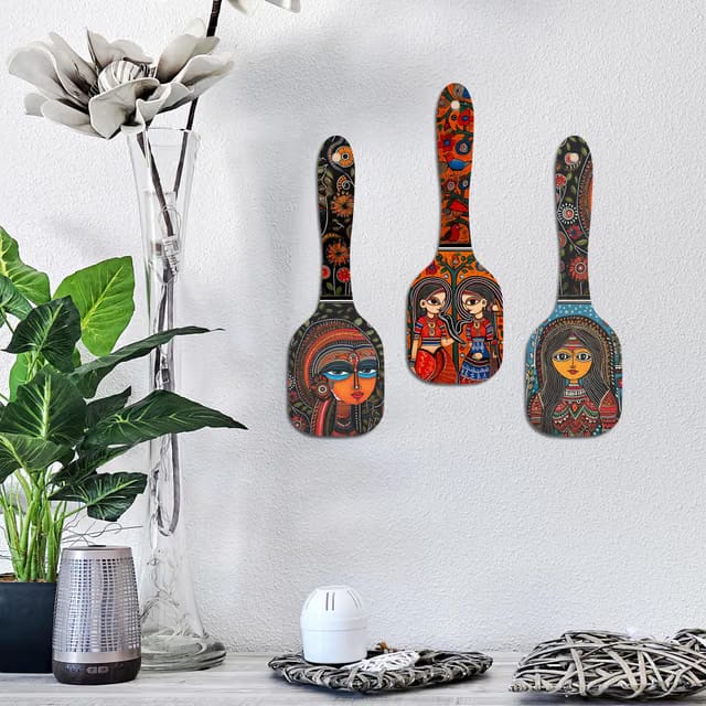 Artvibes Madhubani Women Portrait Spatula Shape Wooden Wall Hanging