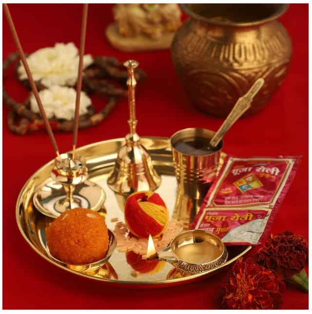 NOBILITY Brass Pooja thali Set 7 Inch with Accessories Puja Thali for Diwali Ganesh Festival Home Office Mandir Wedding