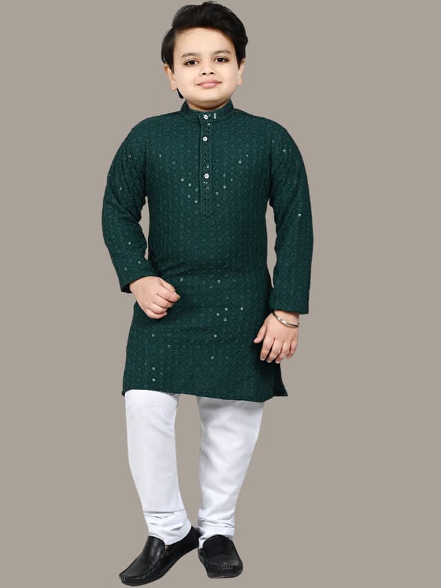 Boys Ethnic Motifs Chikankari Embroidered Regular Sequinned Kurta with Pyjamas