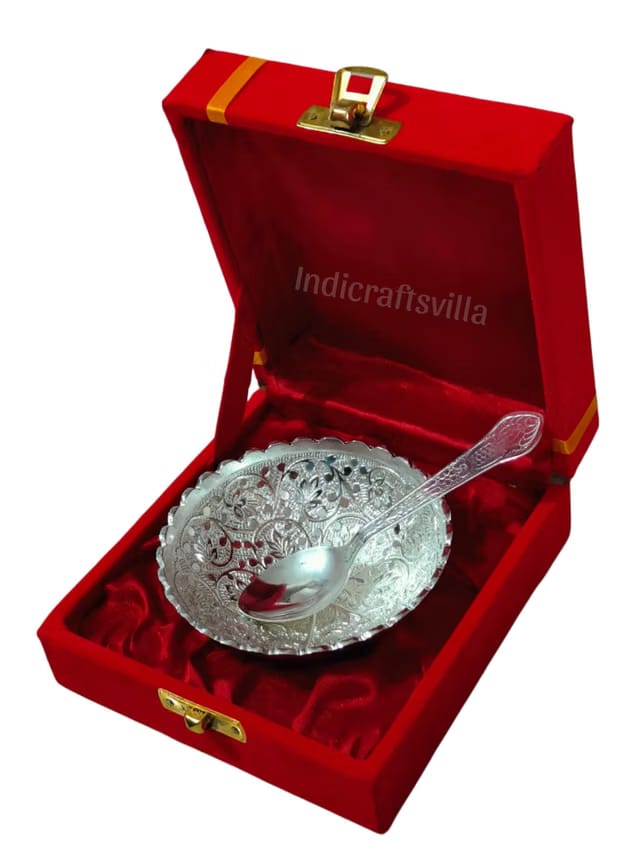 German Silver Decorative Bowl and Spoon Set with Red Velvet Gift Box – Ornate Floral Design 3.5