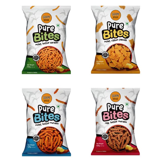 Grami Superfoods Pure Bites Assorted Snack Pack of 4 : Millet Butter Murukku / Chakli, Millet Ribbon Pakoda