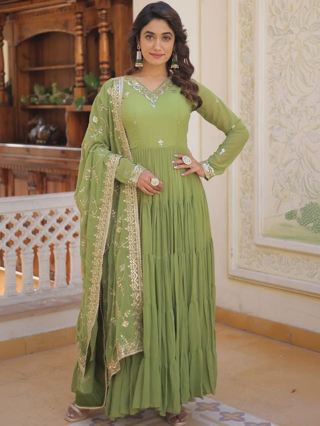 Embroidered V-Neck Anarkali Fit & Flare Ethnic Dress With Dupatta