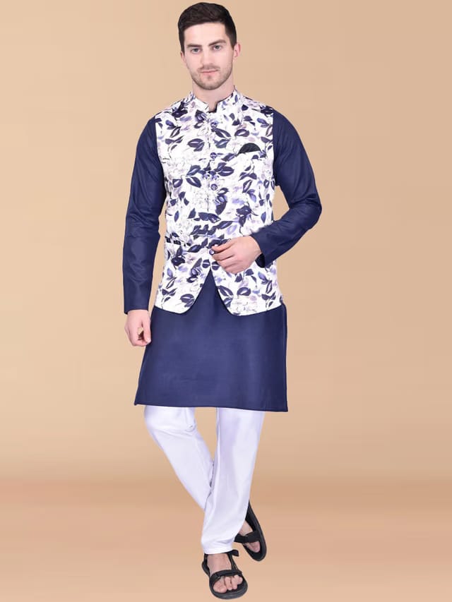 PRINTCULTR Band Collar Pure Cotton Straight Kurta & Pyjamas with Nehru jacket