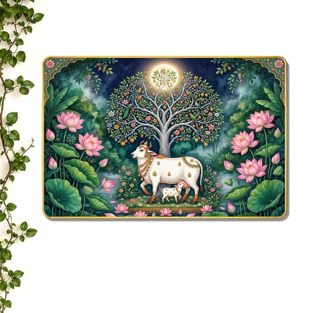 The Hanging Story Kamdhenu Cow with Calf Under Kalpavriksha Tree Wall Painting for Living Room Bedroom