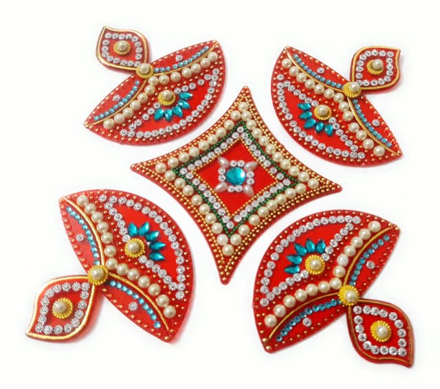 Handcrafted Decorative Diwali Rangoli Set – Multicolor Jewel Stone/Kundan Decorations on Red Acrylic Base – 5 piece Set