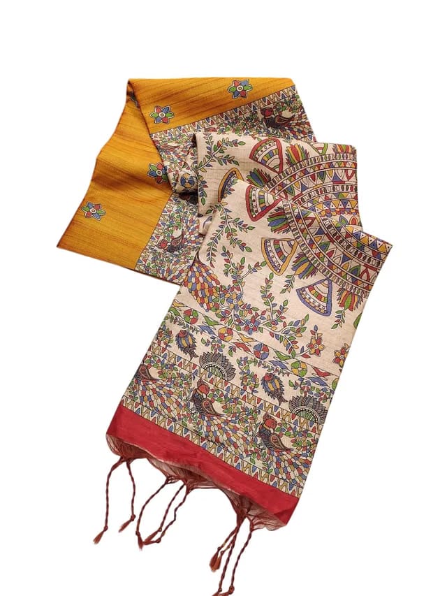 Kalamkari Madhubani Print Tussar Silk Saree Floral Print And Solid Plain Contrast Blouse Piece