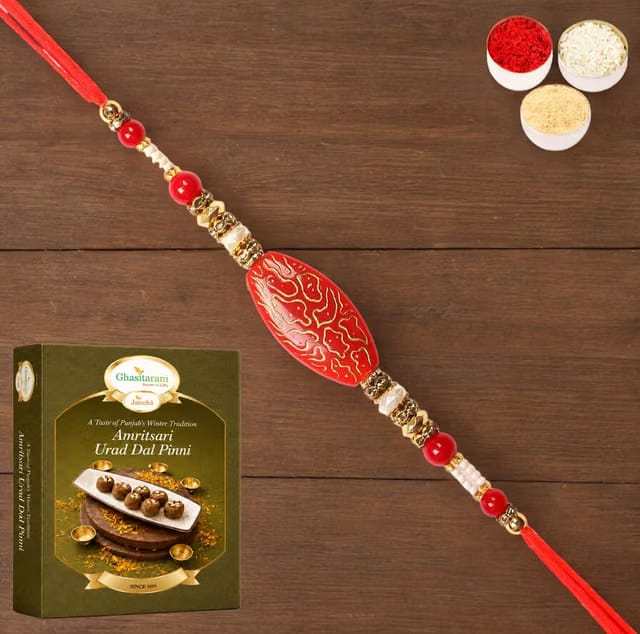 Ghasitaram Gifts Rakhi for Brother Rakhis Online - 7609 Premium Rakhi with 200 gms of Pinni