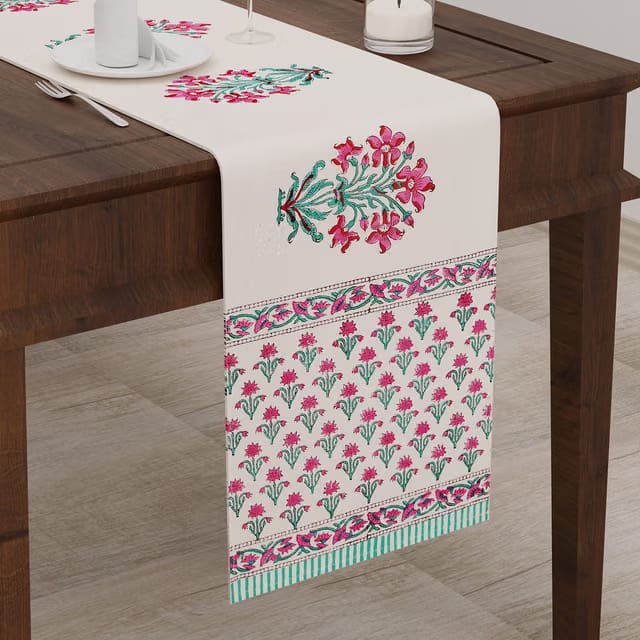 Blocks Of India Cotton Hand Block Printed Table Runner for Center/Dining Table (13 X 72 Inch) (Pink Mughal) - Medium
